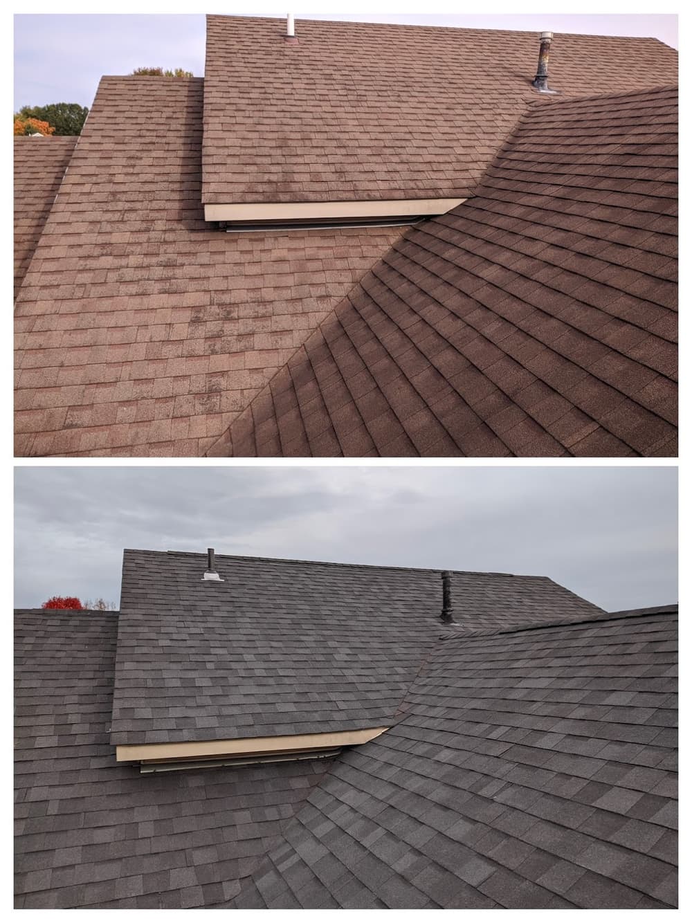 Before and after roof replacement showing improved shingles and clean workmanship.