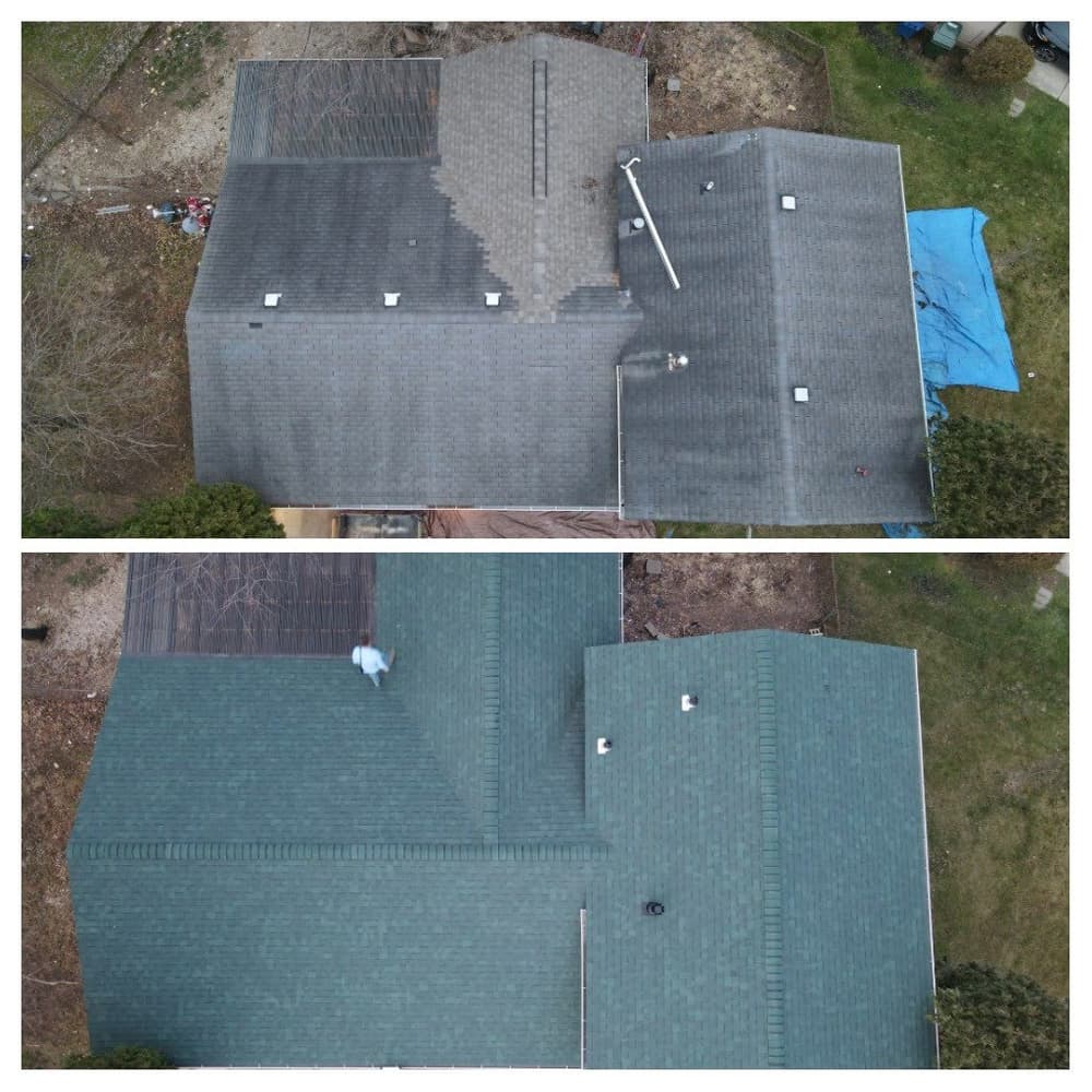 Comparison of before and after roof replacement, showing new shingles and clean finish.