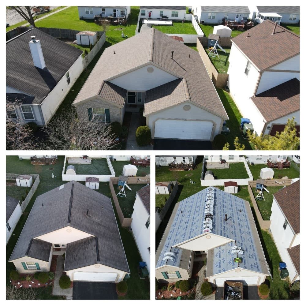Aerial view of residential rooftops before and during roofing replacement process.