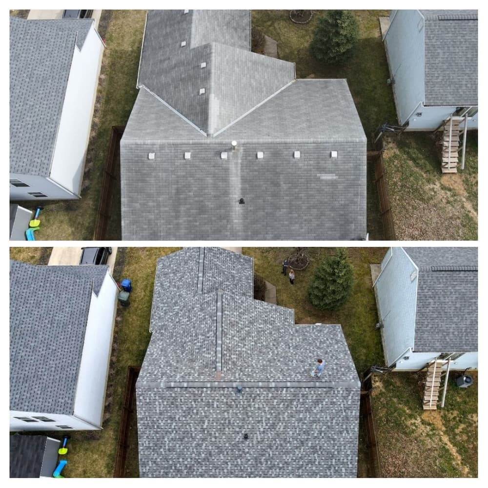 Aerial view comparison of roofs before and after shingle installation.