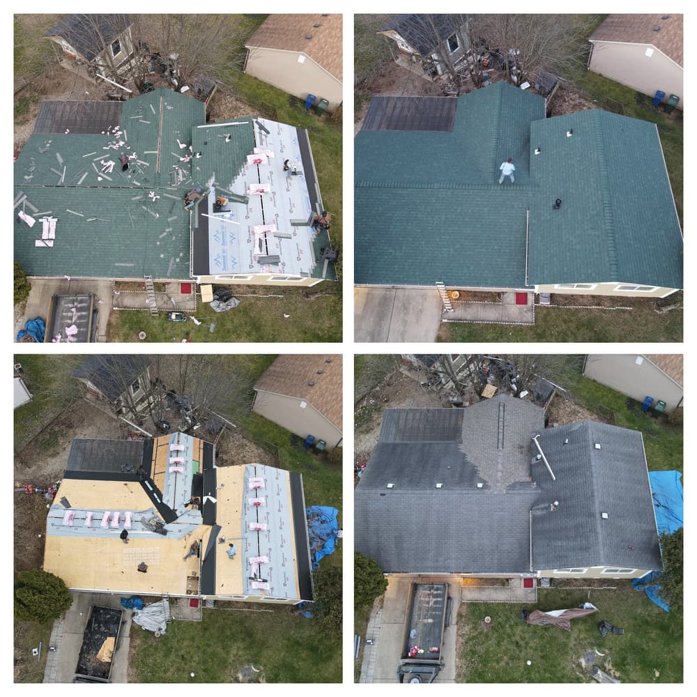 Aerial view of roof replacement stages, showing old shingles removal and new installation.