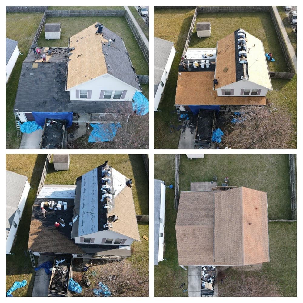 Roof replacement progress on two houses, showcasing the before and after renovation stages.