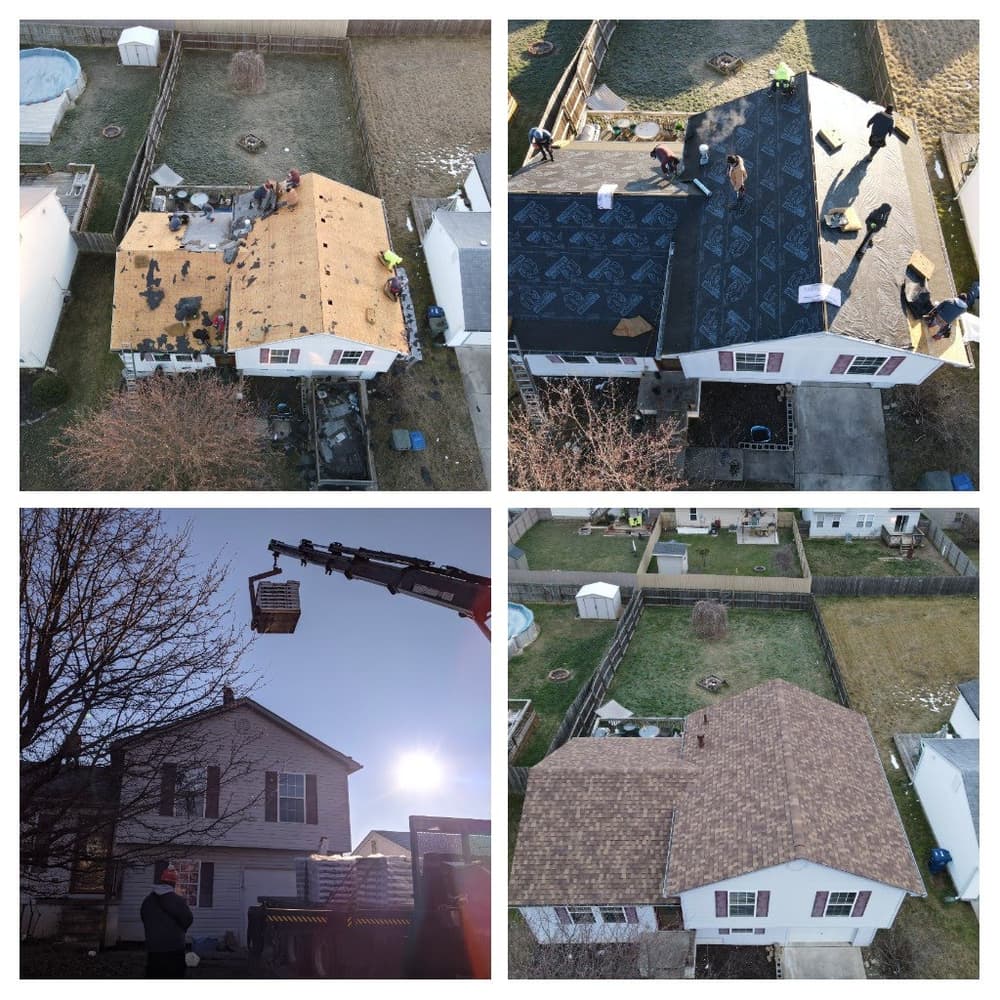 Roof replacement process showing multiple stages from old roofing removal to new installation.