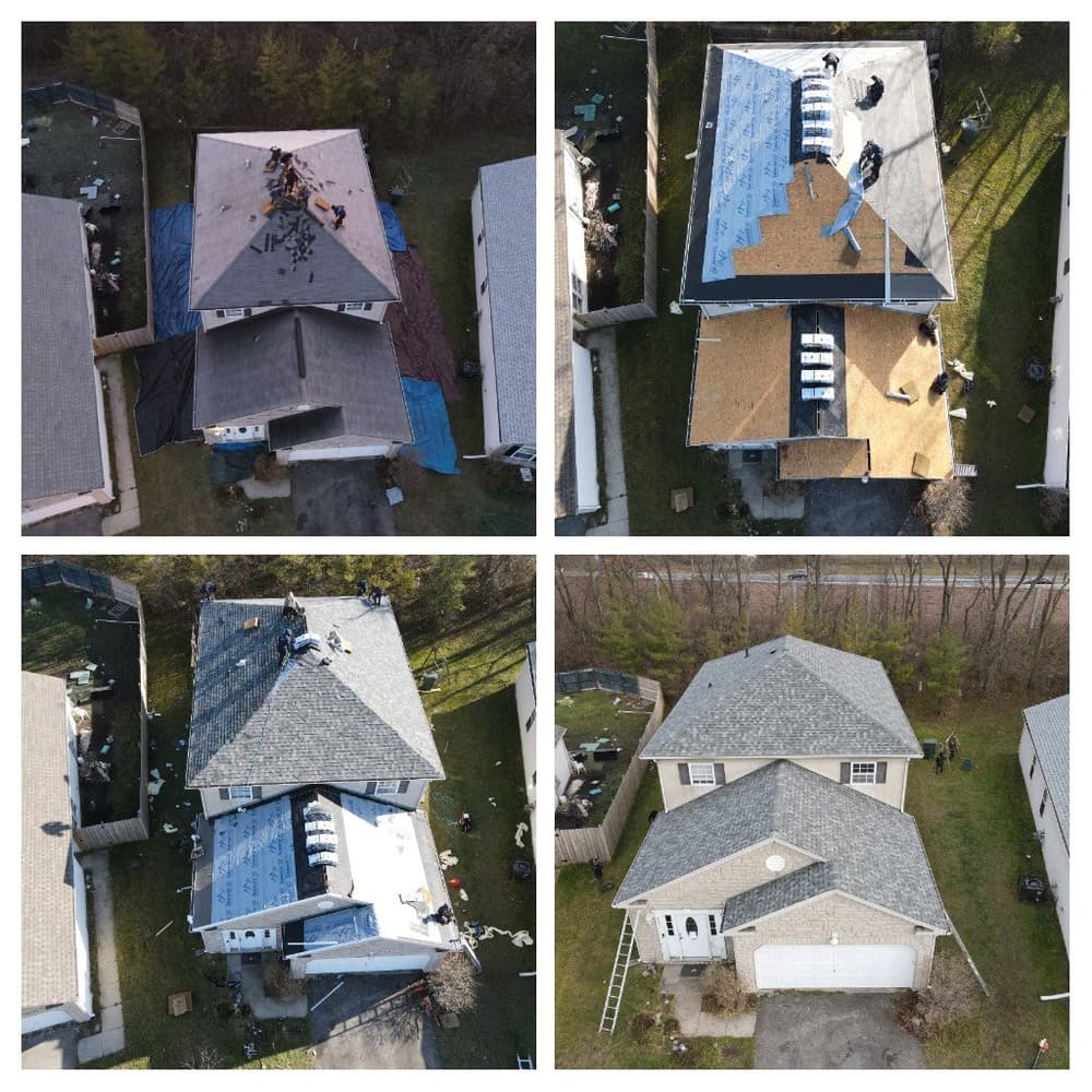 Aerial view of home roof renovation progress, showing stages from old roofing to new installation.