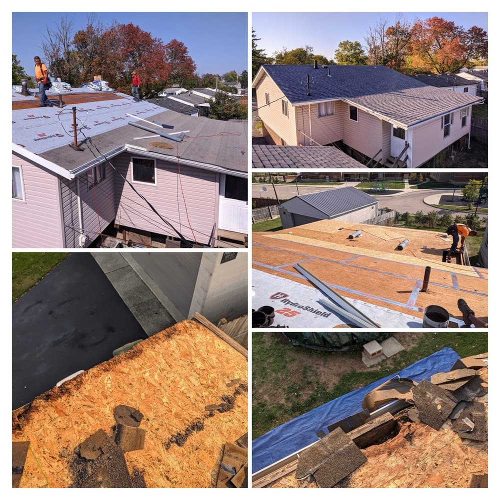 Roofing installation process with workers, new shingles, and material preparation.