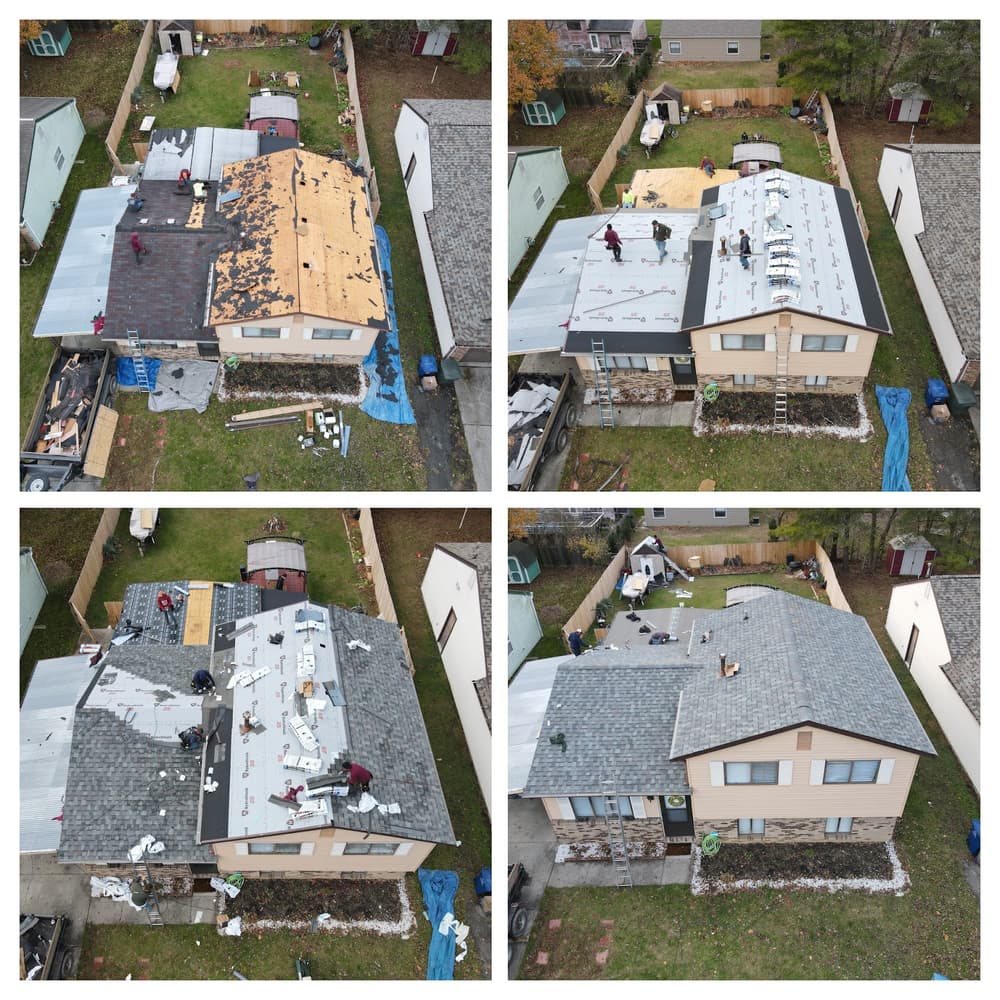 Roofing installation project showing multiple stages of work on residential homes.