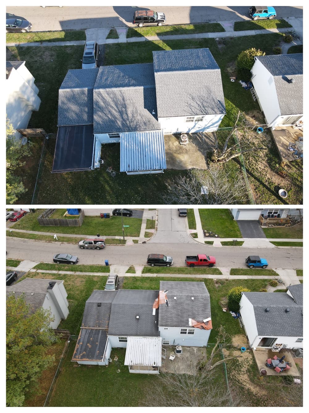 Aerial view comparison of two residential rooftops showing different styles and conditions.