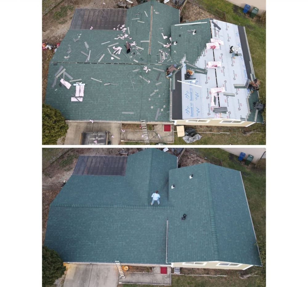 Before and after roof replacement, showing workers on a green shingle roof.
