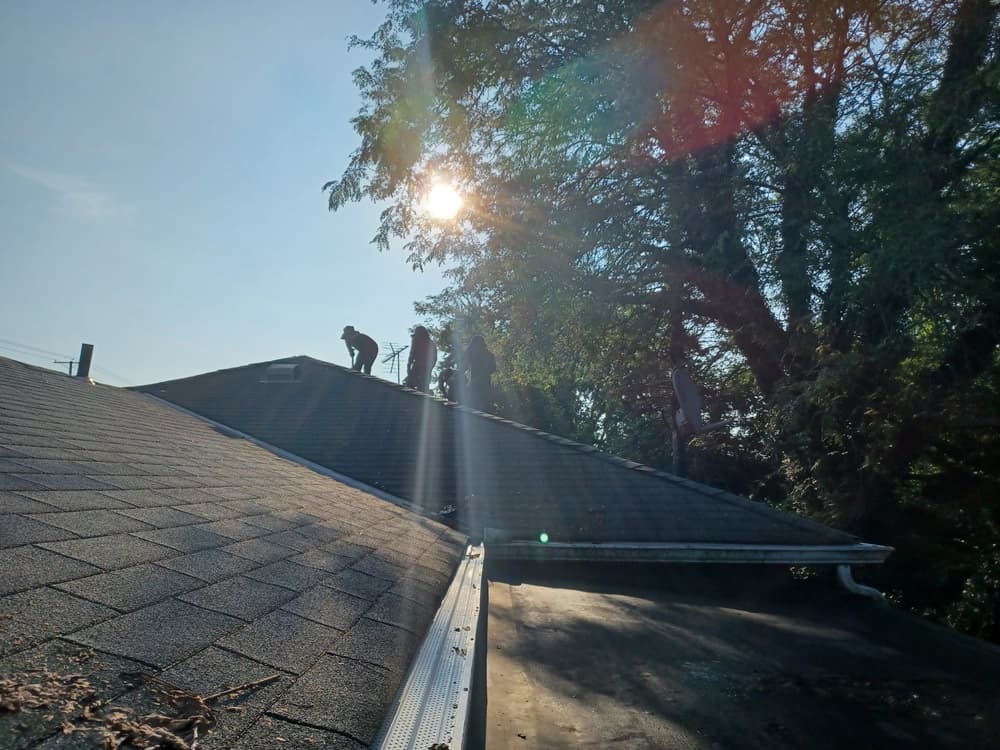 Roofing crew working on a residential roof under a sunny sky, surrounded by trees.