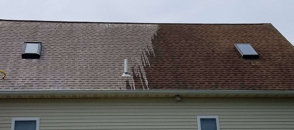 Before and after roof cleaning comparison showing moss removal on shingles.