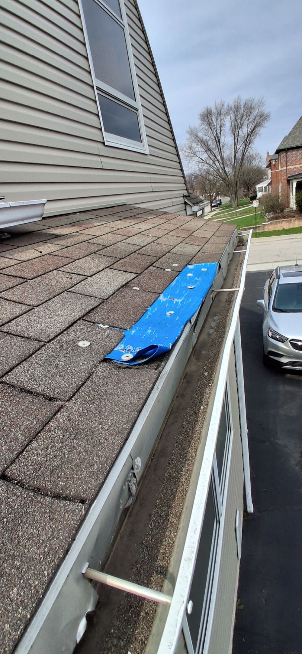 Blue tarp covering damaged roof shingles on a residential home.