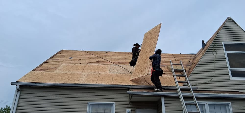 Roofers installing plywood on a residential home's roof under overcast skies.